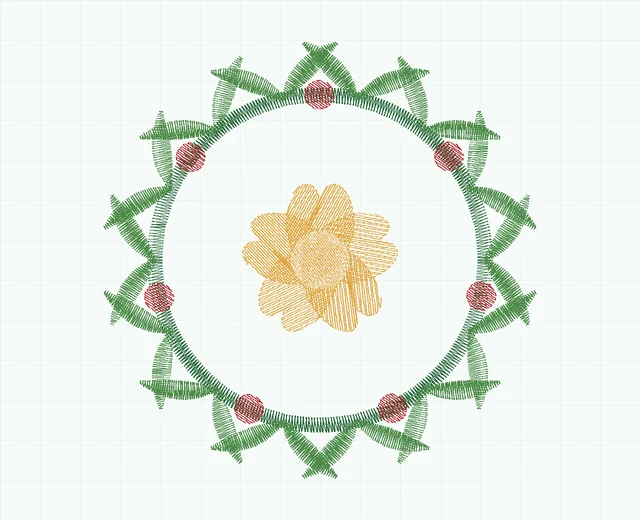 Fern wreath embroidery stitch preview showing 5 colour blocks